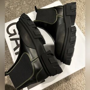 GANNI Leather Chelsea chunky boots black stitching NEW
